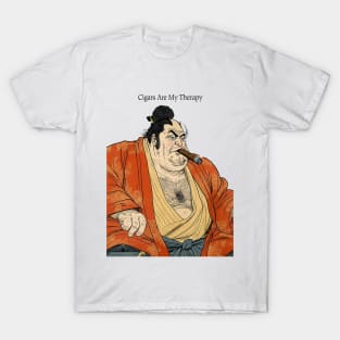 Puff Sumo: Cigars Are My Therapy on a light (Knocked Out) background T-Shirt